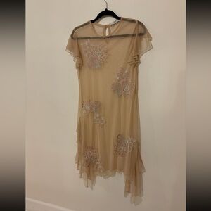 Zara Asymmetrical Sheer Dress with Floral Embroidery